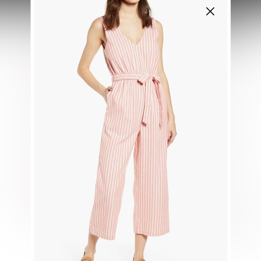 MINKPINK v neck sleeveless orange white striped crop jumpsuit matching sash S